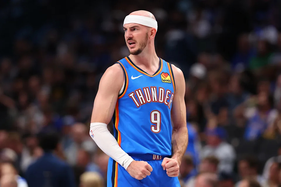 DALLAS, TEXAS - MARCH 01: Alex Caruso #9 of the Oklahoma City Thunder reacts during the fourth quarter of the game against the Dallas Mavericks at American Airlines Center on March 01, 2026 in Dallas, Texas. NOTE TO USER: User expressly acknowledges and agrees that, by downloading and or using this photograph, user is consenting to the terms and conditions of the Getty Images License Agreement. (Photo by Sam Hodde/Getty Images)