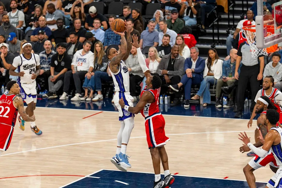 Minnesota Timberwolves forward DeMar DeRozan (10) hits the fadeaway jumper during an NBA basketball game against the Los Angeles Clippers, March 14th, 2026 in Los Angeles, California.