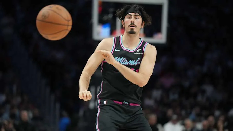 Miami Heat forward Jaime Jaquez Jr. passes the ball during the first half against the San Antonio Spurs
