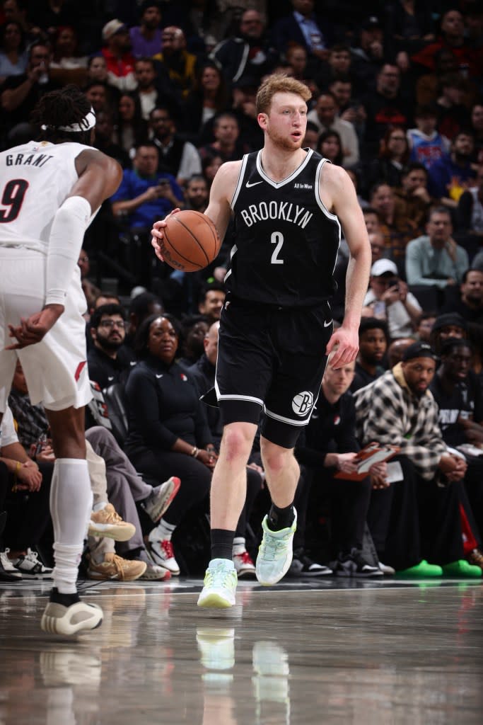 Danny Wolf dribbles during the Nets-Blazers game on March 16, 2026. NBAE via Getty Images