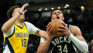 Giannis Antetokounmpo leaves Bucks’ victory over Pacers after landing awkwardly on dunk