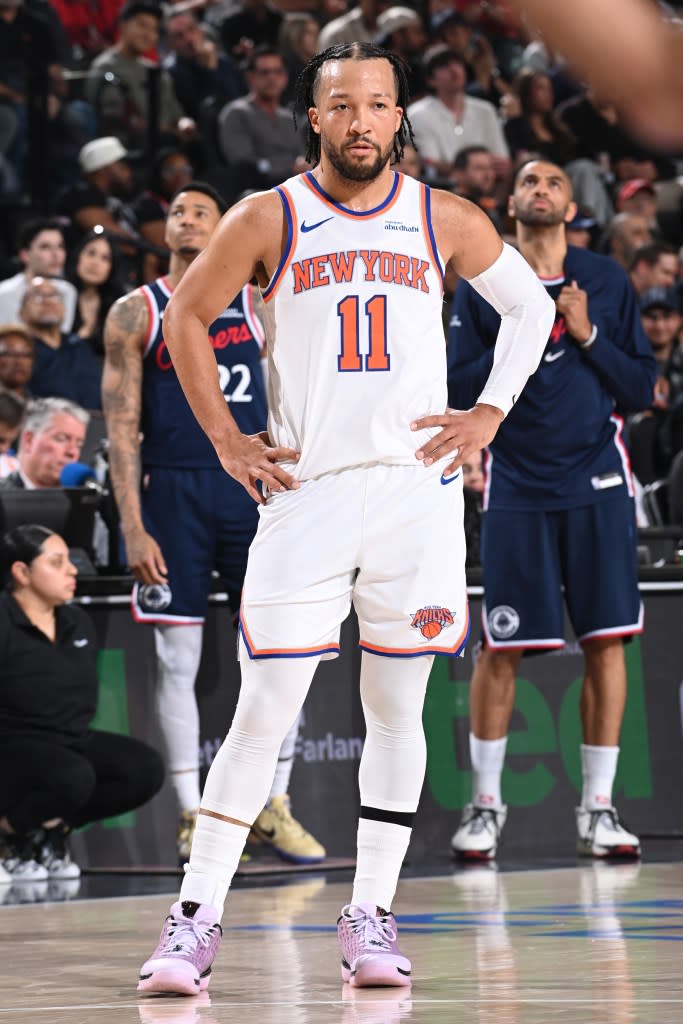 Jalen Brunson reacts during the Knicks-Clippers game on March 9, 2026. NBAE via Getty Images