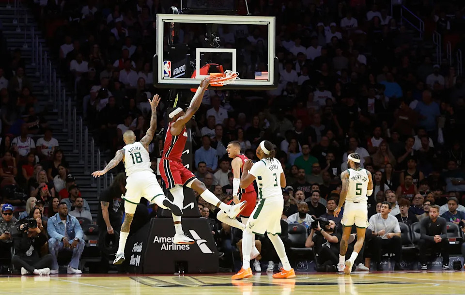 Heat center Bam Adebayo dunks against the Milwaukee Bucks during an NBA Cup game at Kaseya Center on Nov. 26, 2025.