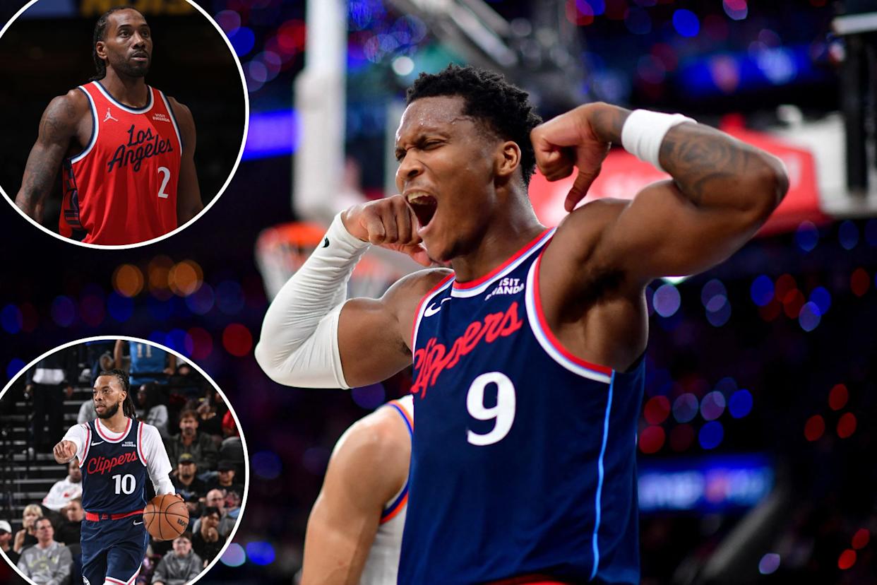 An image collage containing 3 images, Image 1 shows Los Angeles Clippers guard Bennedict Mathurin reacts after scoring a basket and drawing the foul, Image 2 shows Kawhi Leonard of the LA Clippers in a red jersey shoots a free throw, Image 3 shows Darius Garland of the LA Clippers handling the ball on the court