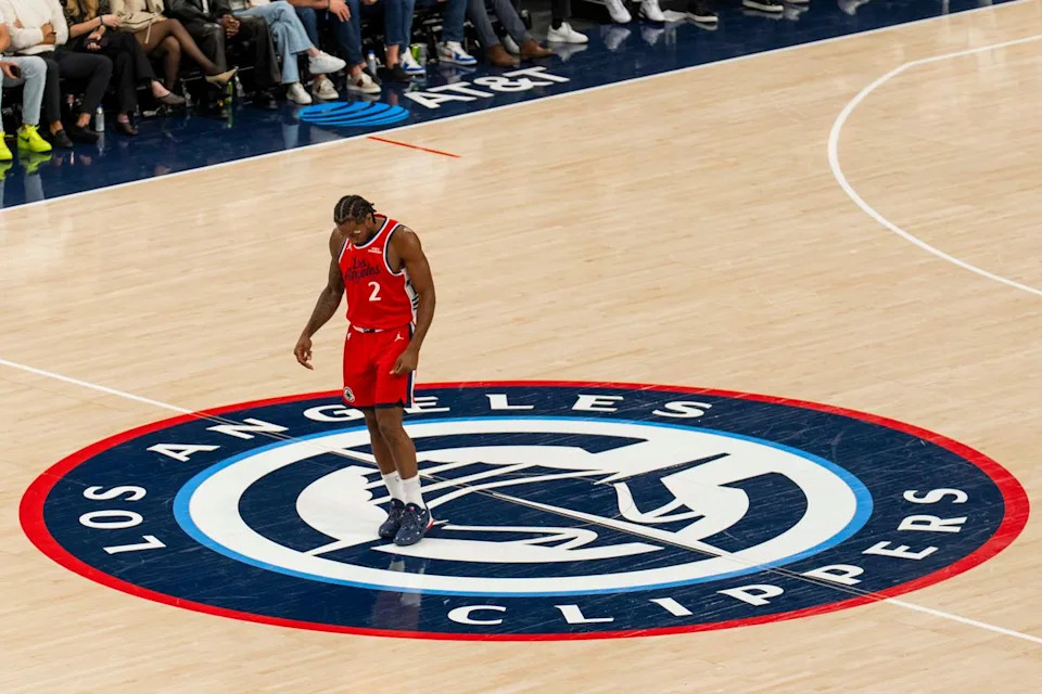 Los Angeles Clippers forward Kawhi Leonard (2) takes a moment to himself after a hard foul during an NBA basketball game against the Sacramento Kings, Saturday March 14th, 2026 in Los Angeles, California.