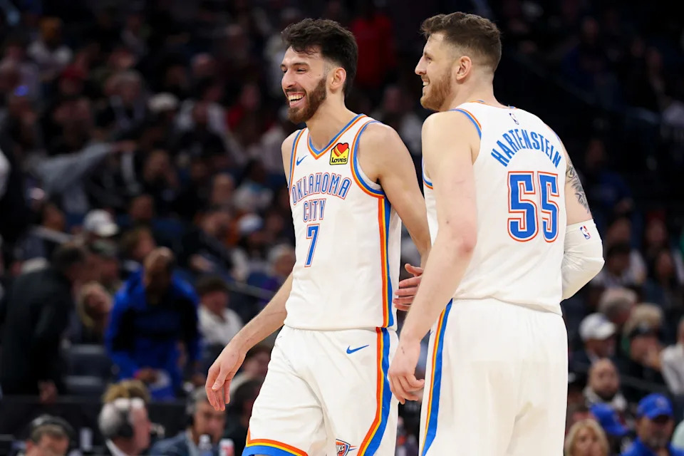 Mar 17, 2026; Orlando, Florida, USA; Oklahoma City Thunder center Chet Holmgren (7) and center Isaiah Hartenstein (55) react after a basket against the Orlando Magic in the second quarter at Kia Center. Mandatory Credit: Nathan Ray Seebeck-Imagn Images