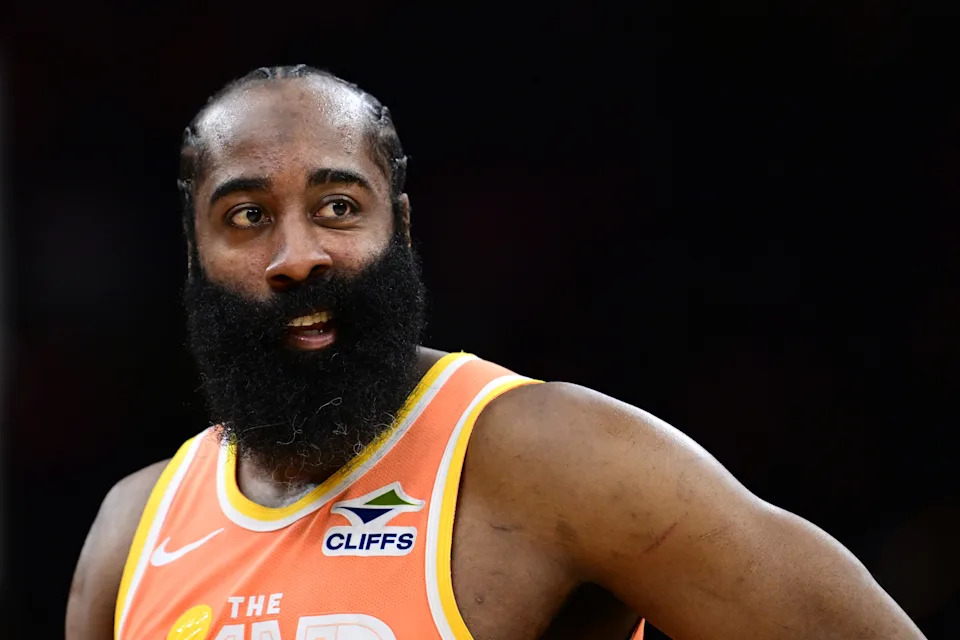 Cleveland Cavaliers guard James Harden watches a free throw attempt during the second half against the Orlando Magic at Rocket Arena.