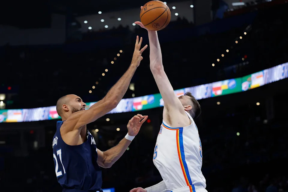 Mar 15, 2026; Oklahoma City, Oklahoma, USA; Oklahoma City Thunder center/forward Isaiah Hartenstein (55) blocks a shot by Minnesota Timberwolves center Rudy Gobert (27) during the second half at Paycom Center. Mandatory Credit: Alonzo Adams-Imagn Images