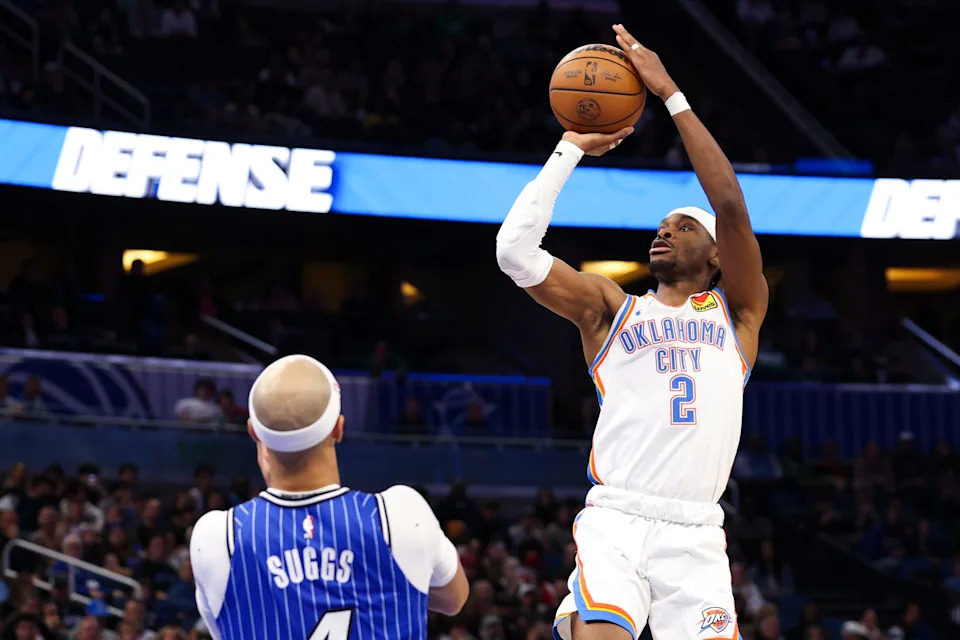 Mar 17, 2026; Orlando, Florida, USA; Oklahoma City Thunder guard Shai Gilgeous-Alexander (2) shoots the ball against the Orlando Magic in the fourth quarter at Kia Center. Mandatory Credit: Nathan Ray Seebeck-Imagn Images