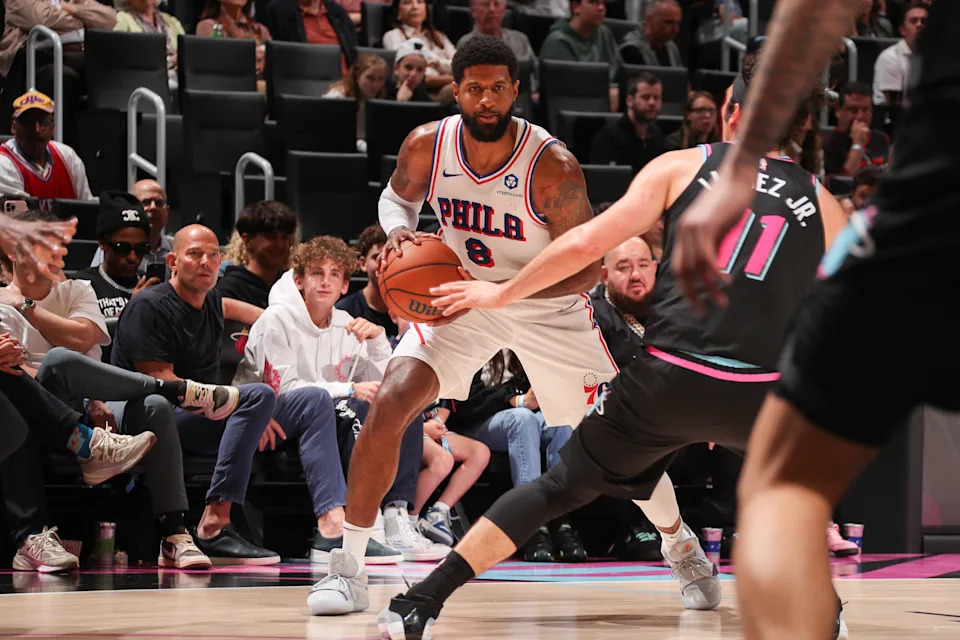 MIAMI, FL – MARCH 30: Paul George #8 of the Philadelphia 76ers handles the ball during the game against the Miami Heat on March 30, 2026 at Kaseya Center in Miami, Florida. NOTE TO USER: User expressly acknowledges and agrees that, by downloading and or using this Photograph, user is consenting to the terms and conditions of the Getty Images License Agreement. Mandatory Copyright Notice: Copyright 2026 NBAE (Photo by Issac Baldizon/NBAE via Getty Images) | NBAE via Getty Images