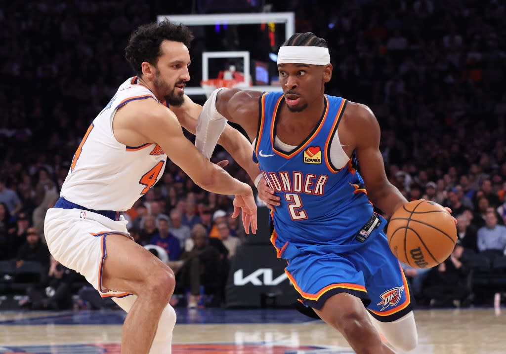 Shai Gilgeous-Alexander drives past Landry Shamet at the Garden on March 4, 2026. Charles Wenzelberg / New York Post