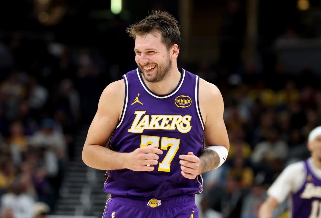 Luka Dončić is all smiles after a basket against the Pacers. Getty Images