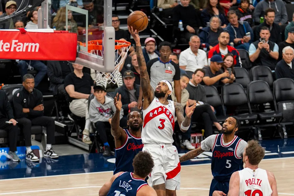 Toronto Raptors forward Brandon Ingram (3) finishes the layup during an NBA basketball game against the Los Angeles Clippers Wednesday March 25th, 2026 in Los Angeles, California. 