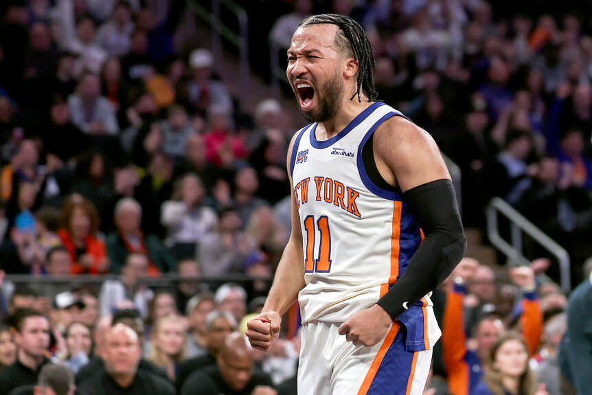 Jalen Brunson excited during a game against the San Antonio Spurs at Madison Square Garden.
