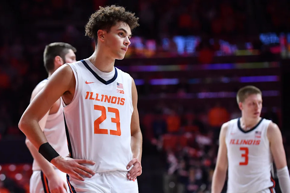 Feb 10, 2026; Champaign, Illinois, USA; Illinois Fighting Illini guard Keaton Wagler (23) during the second half against the Wisconsin Badgers at State Farm Center. Mandatory Credit: Ron Johnson-Imagn Images