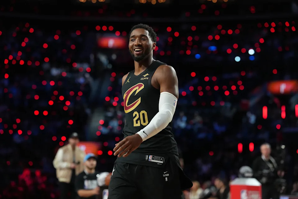 Cleveland Cavaliers guard Donovan Mitchell competes in the 3-point contest during the 2026 NBA All-Star Saturday Night, Feb 14, 2026, in Los Angeles.