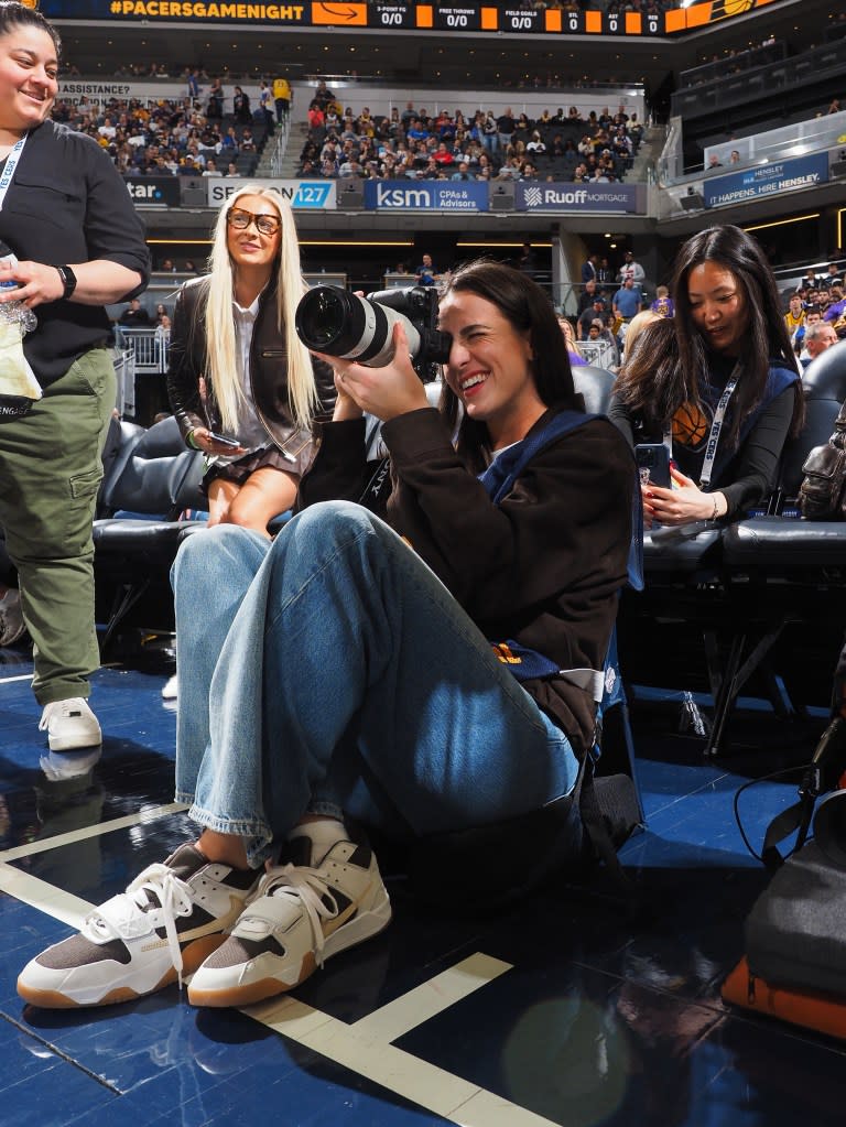 WNBA star Caitlin Clark was spotted alongside the baseline underneath the basket closest to the Pacers bench. NBAE via Getty Images