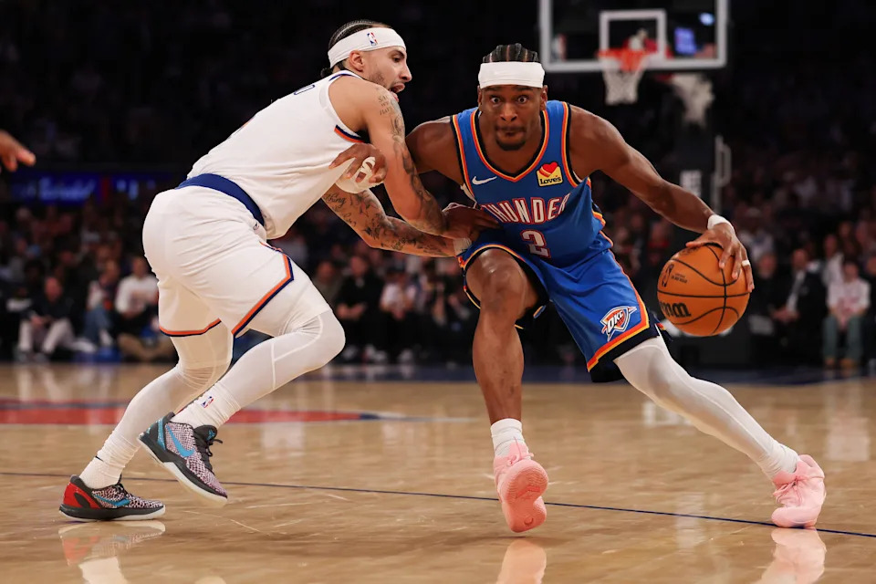 NEW YORK, NEW YORK - MARCH 04: Shai Gilgeous-Alexander #2 of the Oklahoma City Thunder dribbles the ball against Jose Alvarado #5 of the New York Knicks during the second quarter at Madison Square Garden on March 04, 2026 in New York City. NOTE TO USER: User expressly acknowledges and agrees that, by downloading and or using this photograph, user is consenting to the terms and conditions of the Getty Images License Agreement. (Photo by Ishika Samant/Getty Images)
