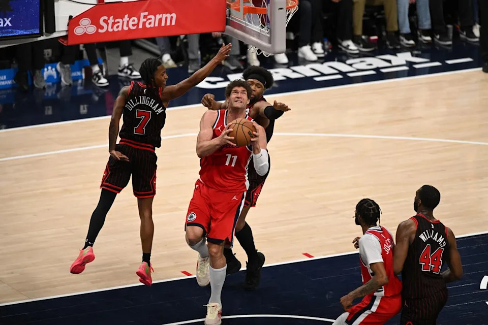 Los Angeles Clippers center Brook Lopez (11) jumps for a follow up shot during a game between the Los Angeles Clippers and the Chicago Bulls on Friday, March 13, 2026 at Intuit Dome in Inglewood Calif
