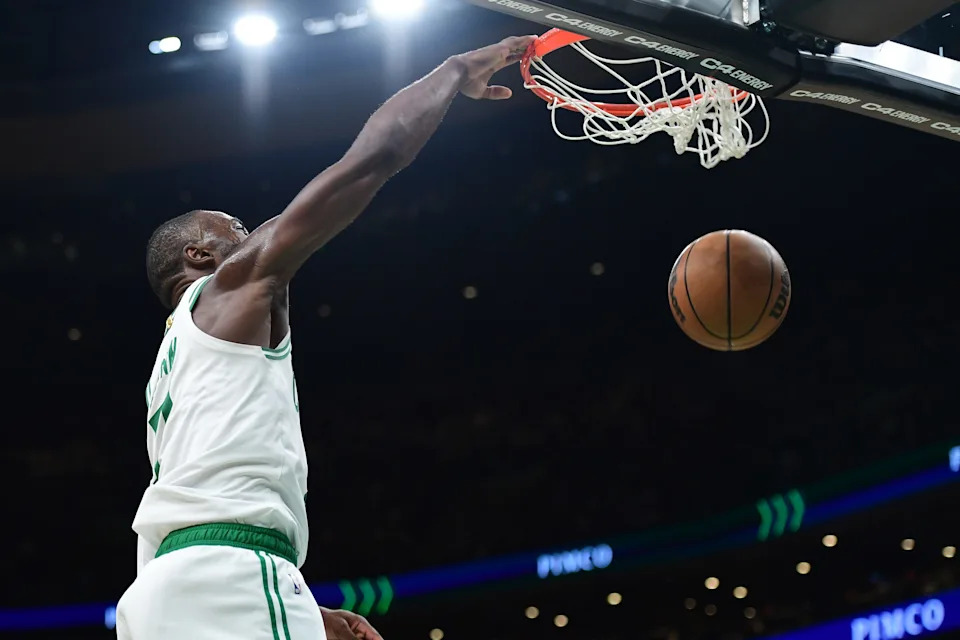 Feb 27, 2026; Boston, Massachusetts, USA; Boston Celtics guard Jaylen Brown (7) dunks the ball during the second half against the Brooklyn Nets at TD Garden. Mandatory Credit: Bob DeChiara-Imagn Images