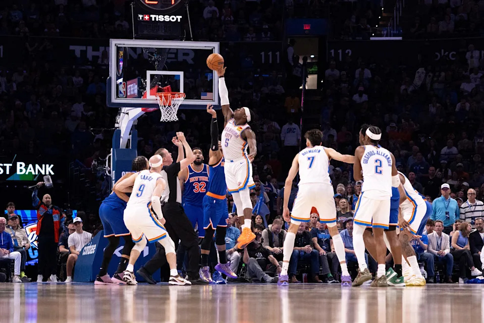 OKLAHOMA CITY, OKLAHOMA - MARCH 29: Luguentz Dort #5 of the Oklahoma City Thunder shoots the ball during the second half against the New York Knicks at Paycom Center on March 29, 2026 in Oklahoma City, Oklahoma. NOTE TO USER: User expressly acknowledges and agrees that, by downloading and or using this photograph, User is consenting to the terms and conditions of the Getty Images License Agreement. (Photo by William Purnell/Getty Images)