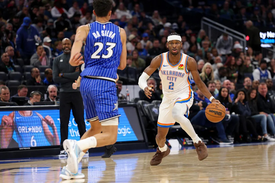 Mar 17, 2026; Orlando, Florida, USA; Oklahoma City Thunder guard Shai Gilgeous-Alexander (2) controls the ball against the Orlando Magic in the third quarter at Kia Center. Mandatory Credit: Nathan Ray Seebeck-Imagn Images