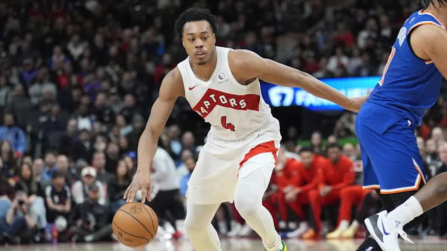 Toronto Raptors guard Scottie Barnes dribbles against the New York Knicks