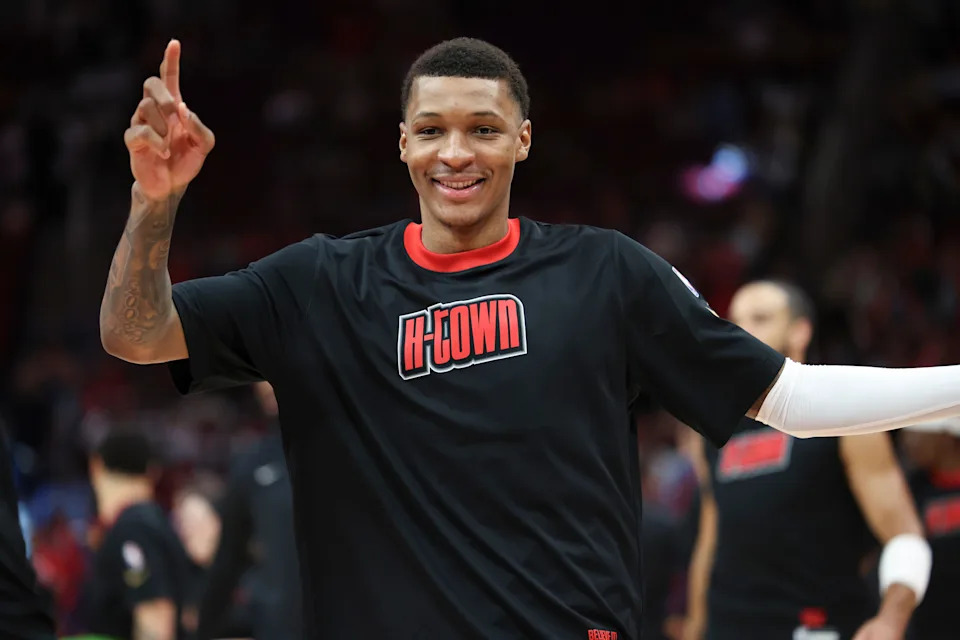 Mar 23, 2025; Houston, Texas, USA; Houston Rockets forward Jabari Smith Jr. (10) before the game against the Denver Nuggets at Toyota Center. Mandatory Credit: Troy Taormina-Imagn Images