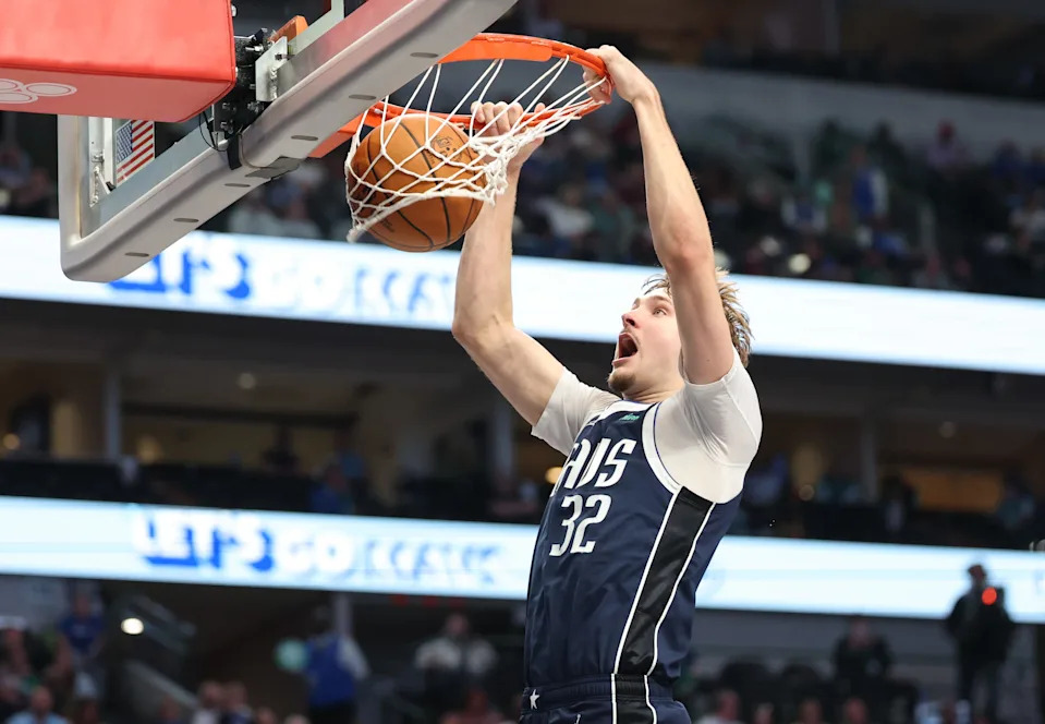 Mar 13, 2026; Dallas, Texas, USA; Dallas Mavericks forward Cooper Flagg (32) dunks during the second half against the Cleveland Cavaliers at American Airlines Center. Mandatory Credit: Kevin Jairaj-Imagn Images