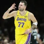 Los Angeles Lakers guard Luka Doncic (77) gestures after scoring in the first quarter against the Brooklyn Nets at Barclays Center on Feb 3, 2026.