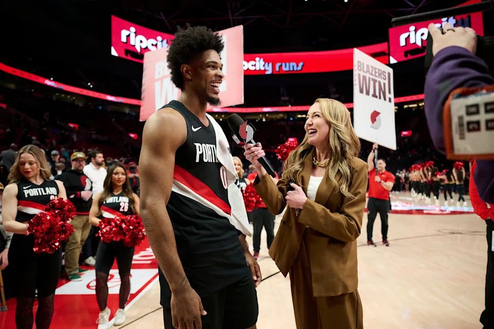 Mar 8, 2026; Portland, Oregon, USA; Portland Trail Blazers guard Scoot Henderson (00) laughs during a post game interview after a game against the Indiana Pacers at Moda Center. Mandatory Credit: Troy Wayrynen-Imagn Images
