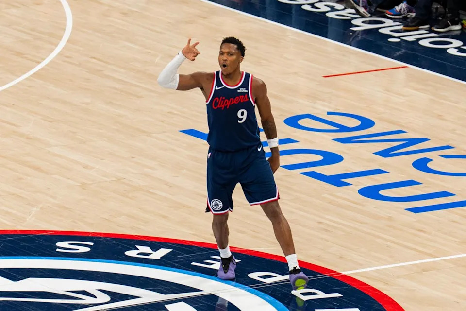 Los Angeles Clippers guard Bennedict Mathurin (9) celebrates his three pointer during an NBA basketball game against the Toronto Raptors, Wednesday March 25th, 2026 in Los Angeles, California.