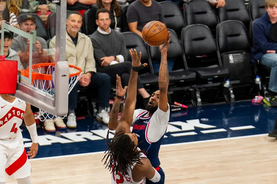 Los Angeles Clippers guard Derrick Jones Jr. (5) hits the contested floater during an NBA basketball game against the Toronto Raptors, Wednesday March 25th, 2026 in Los Angeles, California.