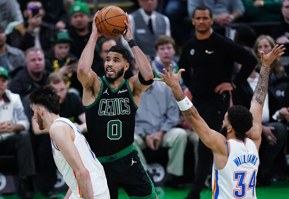 Mar 12, 2025; Boston, Massachusetts, USA; Boston Celtics forward Jayson Tatum (0) shoots against the Oklahoma City Thunder in the fourth quarter at TD Garden. Mandatory Credit: David Butler II-Imagn Images