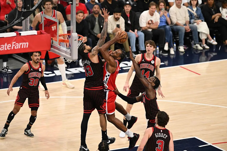 Los Angeles Clippers guard Kawhii Leonard (2) gets fouled during a game between the Los Angeles Clippers and the Chicago Bulls on Friday, March 13, 2026 at Intuit Dome in Inglewood Calif