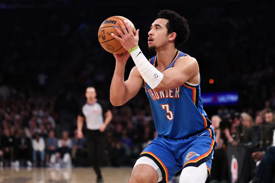 Mar 4, 2026; New York, New York, USA; Oklahoma City Thunder guard Jared McCain (3) shoots the ball against the New York Knicks during the first half at Madison Square Garden. Mandatory Credit: Vincent Carchietta-Imagn Images