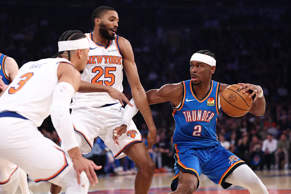 Mar 4, 2026; New York, New York, USA; Oklahoma City Thunder guard Shai Gilgeous-Alexander (2) is guarded by New York Knicks guard Mikal Bridges (25) during the first half at Madison Square Garden. Mandatory Credit: Vincent Carchietta-Imagn Images