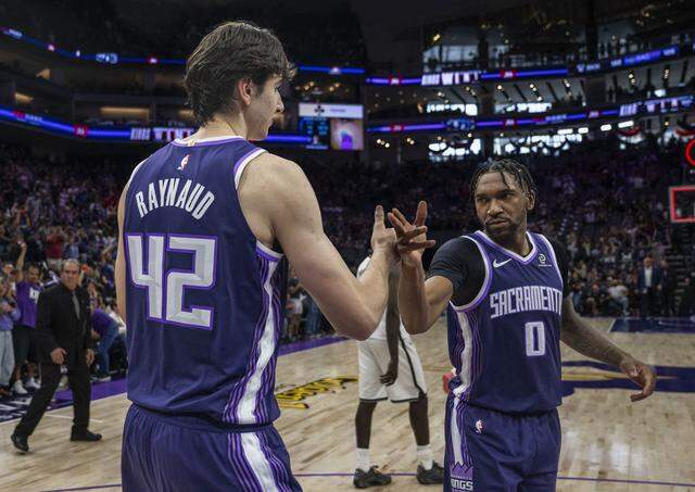 Sacramento Kings center Maxime Raynaud (42) celebrates his team’s 126-122 victory against the Brooklyn Nets at Golden 1 Center on Sunday, March 22, 2026. 