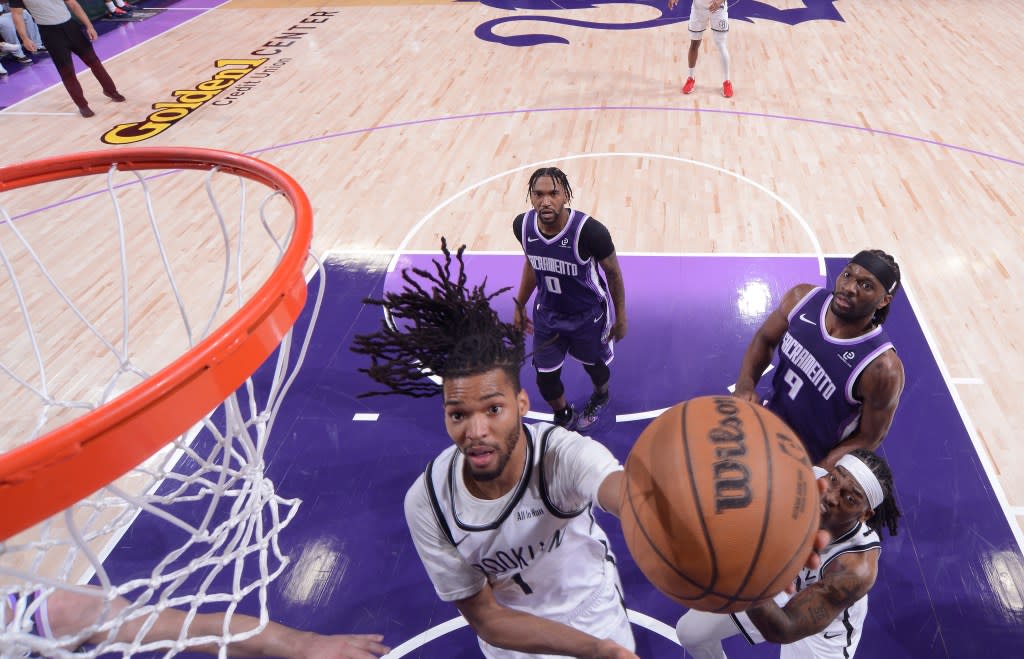 Ziaire Williams (1) of the Nets drives to the basket during the game against the Kings on March 22, 2026. NBAE via Getty Images