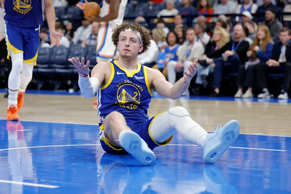 Mar 7, 2026; Oklahoma City, Oklahoma, USA; Golden State Warriors guard Brandin Podziemski (2) reacts after a play against the Oklahoma City Thunder during the second half at Paycom Center. Mandatory Credit: Alonzo Adams-Imagn Images