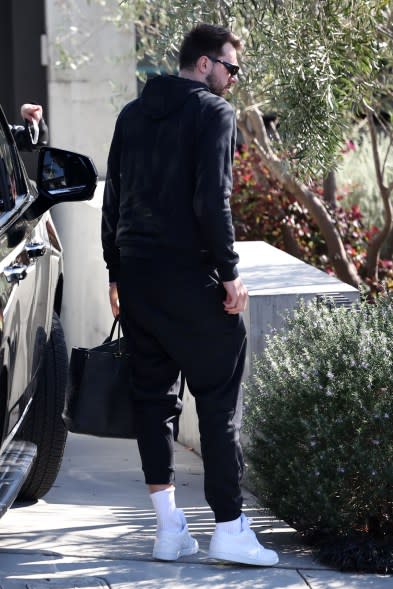 Doncic arrives home in Manhattan Beach after a workout.