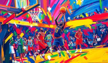 An abstract painting in neon colors and expressive brushstrokes, conveying the raw energy and intensity of a high-scoring NBA basketball game.