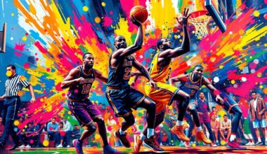 An abstract, energetic painting featuring overlapping brushstrokes of neon orange, electric blue, and highlighter yellow, conveying the raw intensity and chaos of an NBA basketball game.