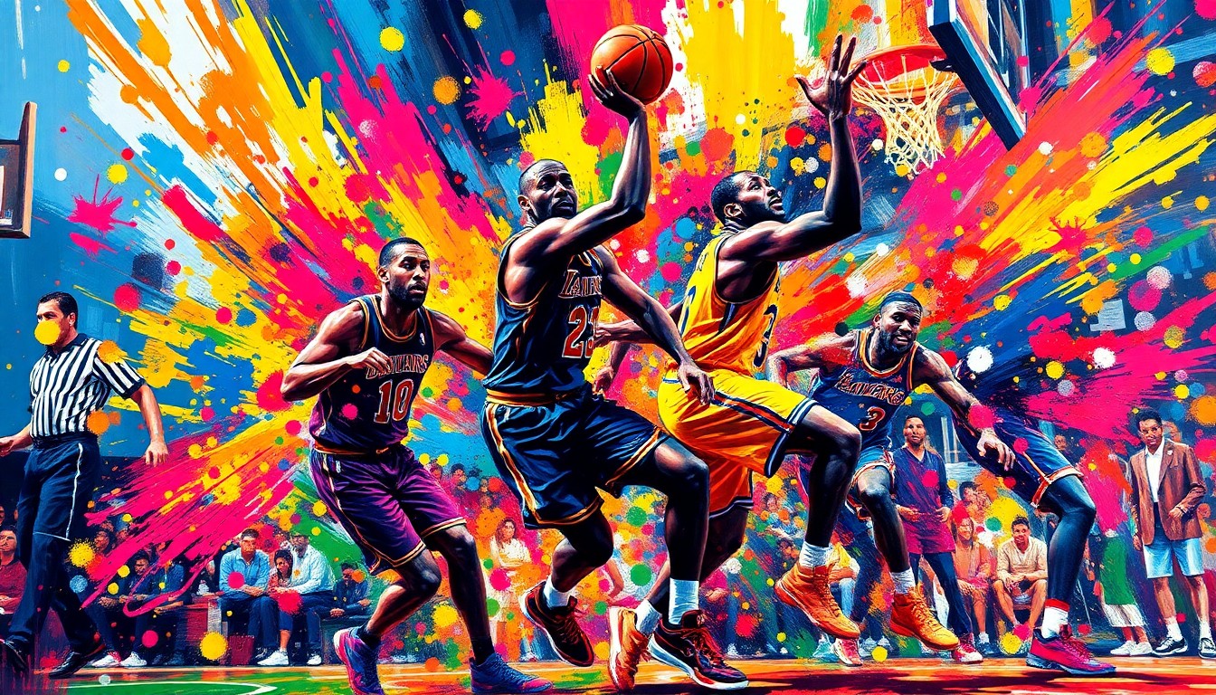 An abstract, energetic painting featuring overlapping brushstrokes of neon orange, electric blue, and highlighter yellow, conveying the raw intensity and chaos of an NBA basketball game.