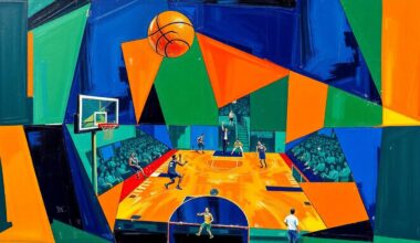 A cubist-style painting featuring fragmented, geometric shapes in shades of blue, green, and orange, conceptually representing the changes in ownership and leadership of the Portland Trail Blazers basketball team.