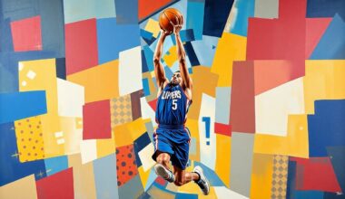 A cubist, geometric painting depicting a basketball player