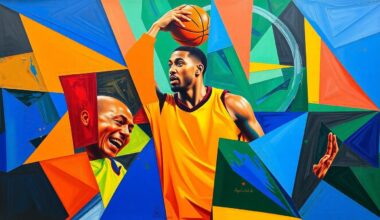 A fragmented, cubist-style painting depicting the silhouette of a basketball player in motion, broken down into sharp, angular planes of color, representing the complex choices facing the Brooklyn Nets this offseason.