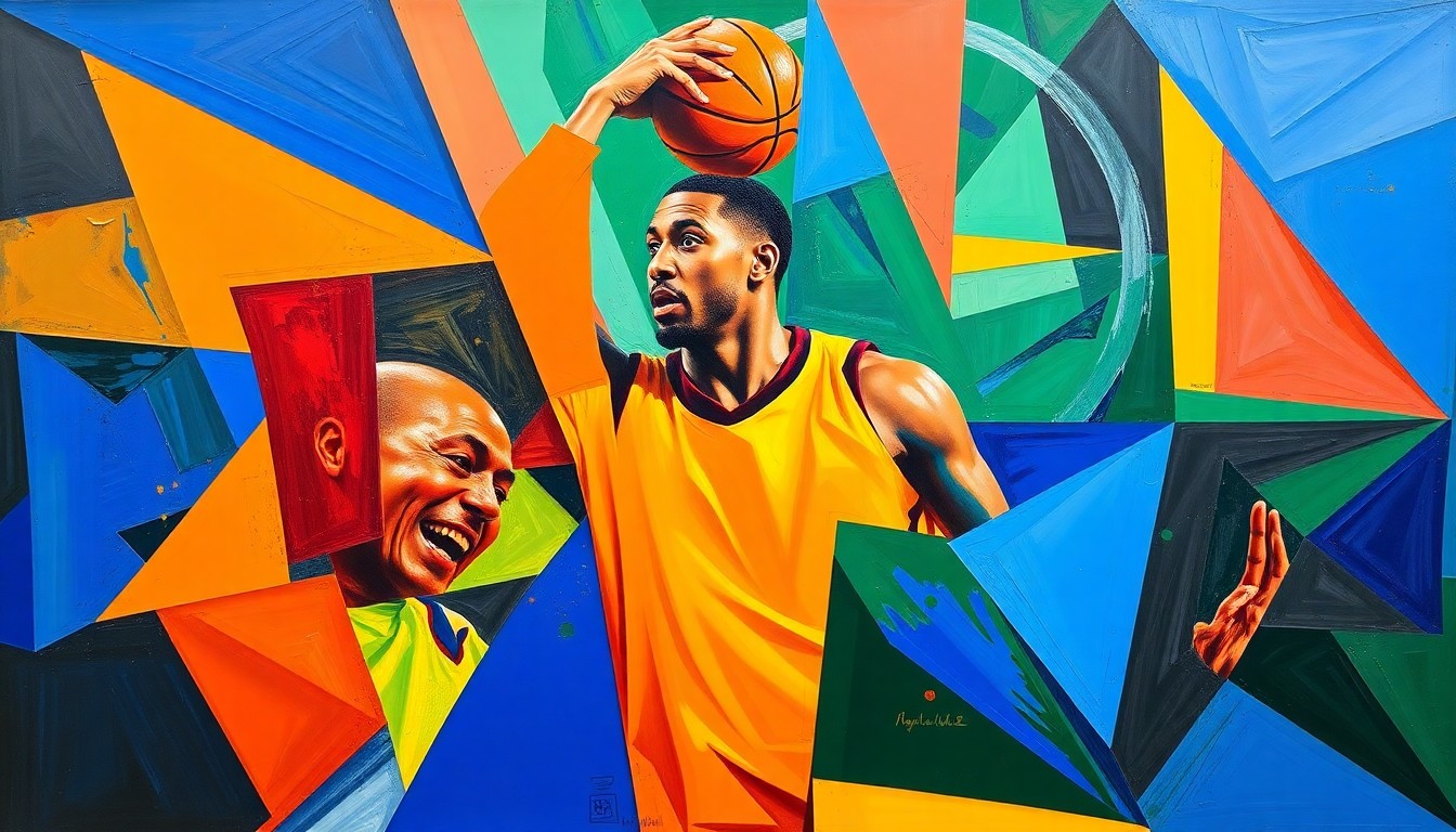 A fragmented, cubist-style painting depicting the silhouette of a basketball player in motion, broken down into sharp, angular planes of color, representing the complex choices facing the Brooklyn Nets this offseason.