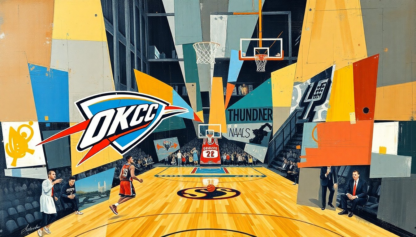 A fractured, multi-perspective painting in vibrant colors that breaks down a basketball game or match between two teams into sharp, overlapping geometric planes, conveying the intensity and competitive spirit of the NBA MVP race.