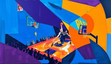 A cubist, geometric painting depicting a fragmented basketball game, with sharp planes of color representing the action on the court.